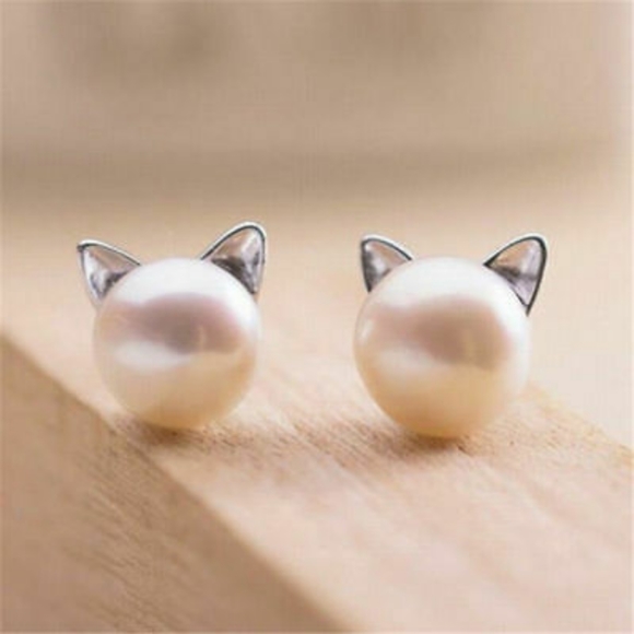 Silver Tone Cat Ear Faux Pearl Earrings - Picture 3 of 12